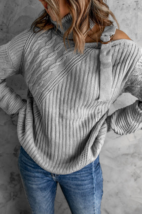 Strapped Cut Out Shoulder Turtleneck Sweater
